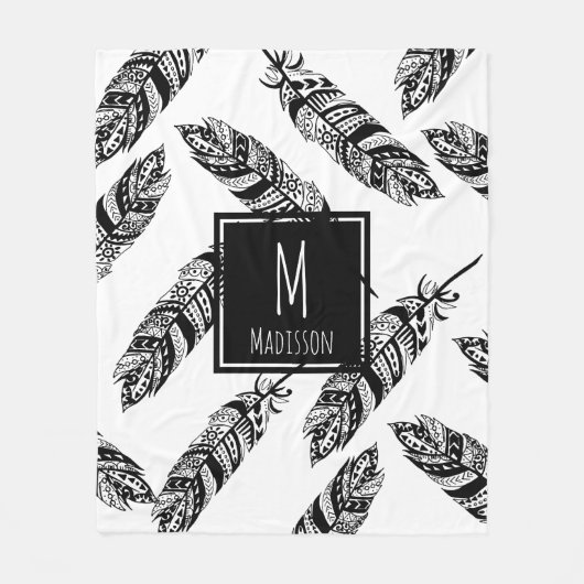 Zwart & Wit Boho Tribal Feathers - Gepersonaliseer Fleece Deken (Voorkant)