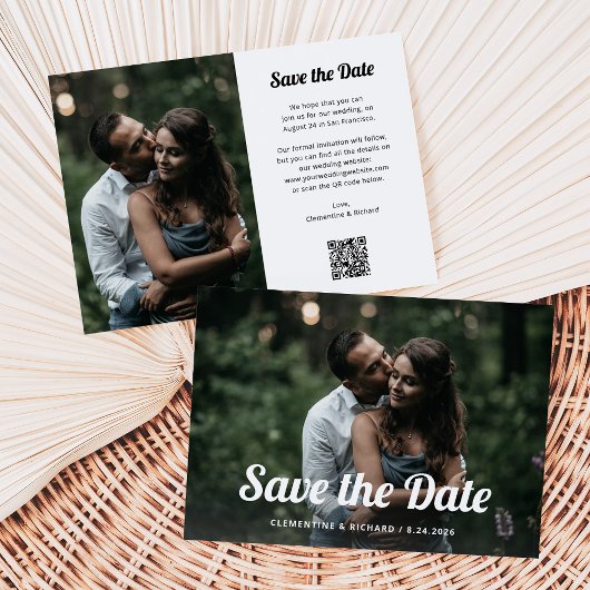 Zwart-wit boho | Twee foto's en QR-code Save The Date