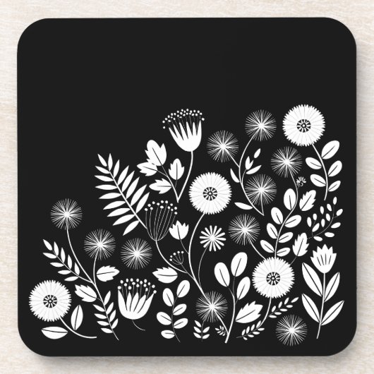 Zwart-wit Boho Wildflower Bier Onderzetter (Voorkant)