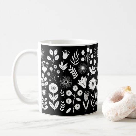 Zwart-wit Boho Wildflower Koffiemok (Met donut)