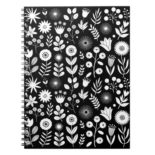 Zwart-wit Boho Wildflower Notitieboek (Voorkant)