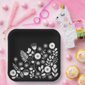 Zwart-wit Boho Wildflower Papieren Bordje (Feest)