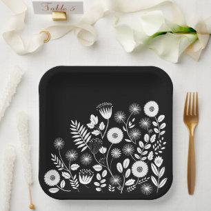 Zwart-wit Boho Wildflower Papieren Bordje