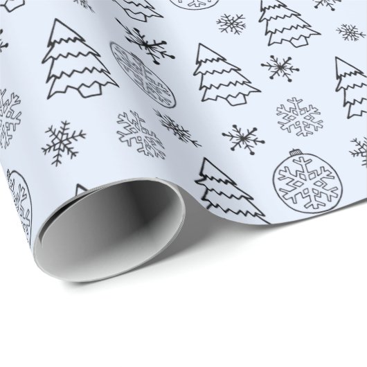 Zwart-wit Bomen Sneeuwvlokken Blauwe Kerstmis Cadeaupapier (Rol Hoek)
