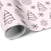 Zwart-wit Bomen Sneeuwvlokken Roze Kerstmis Cadeaupapier (Rol Hoek)