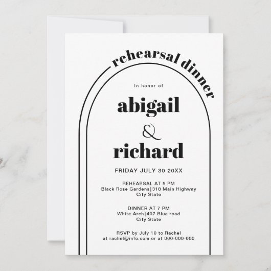 Zwart-wit boog bruiloft repetitie diner kaart (Voorkant)
