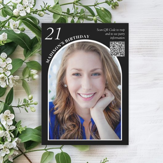 Zwart Wit Boog Foto QR Code 21e Verjaardag Kaart