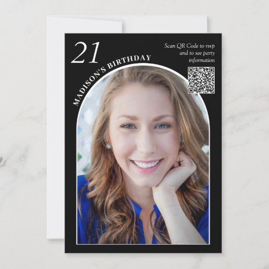 Zwart Wit Boog Foto QR Code 21e Verjaardag Kaart (Voorkant)
