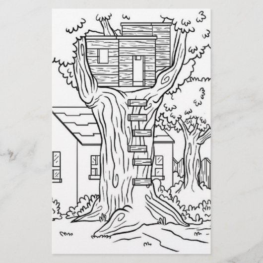 Zwart-wit boomhut kleurplaat briefpapier (Voorkant)