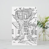 Zwart-wit boomhut kleurplaat briefpapier (Staand voorkant)