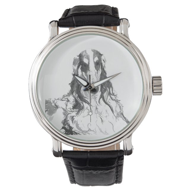 Zwart-wit Borzoi Portret Horloge (Voorkant)