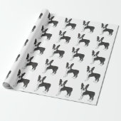 Zwart-wit Boston Terrier Cartoonhondpatroon Cadeaupapier (Uitgerold)