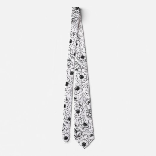 Zwart Wit Botanisch Bloempatroon Stropdas (Achterkant)