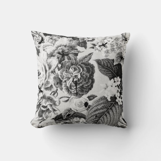 Zwart-wit, , botanisch en boeiend, Floral toile Kussen (Voorkant)