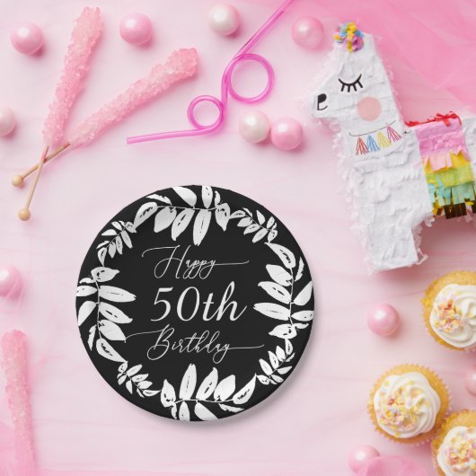 Zwart & Wit Botanisch Gelukkig 50ste Verjaardagsfe Papieren Bordje (Feest)