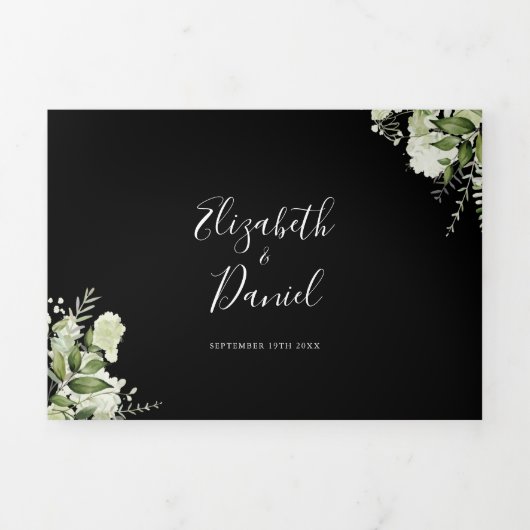 Zwart-wit botanisch groen foto bruiloft drieluik uitnodiging (Cover)