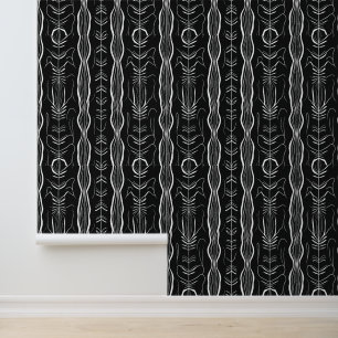 Zwart-wit Botanisch lijnpatroon Behang