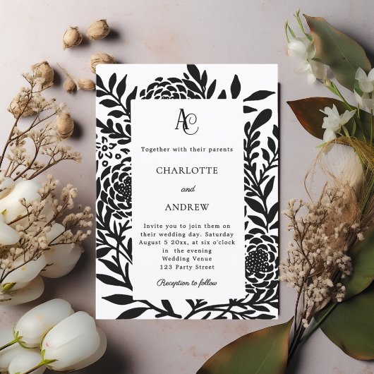 Zwart wit botanisch modern monogram bruiloft kaart