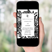 Zwart wit botanisch modern monogram bruiloft kaart