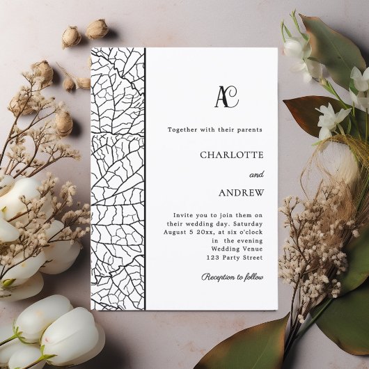 Zwart wit botanisch monogram trouwen kaart