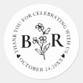 zwart-wit botanisch op maat gemaakt monogram ronde sticker (Voorkant)