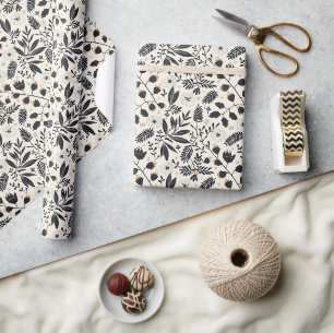 Zwart-wit Botanisch Patroon Rustieke Kerst Cadeaupapier