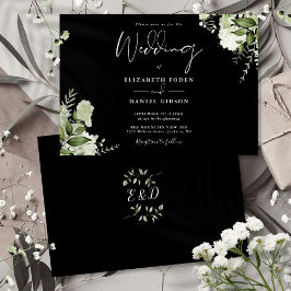 Zwart Wit Botanische Groene Monogram Huwelijk Kaart