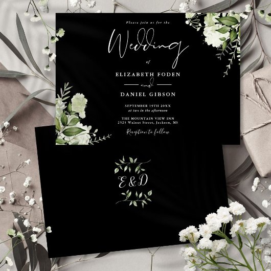 Zwart Wit Botanische Groene Monogram Huwelijk Kaart