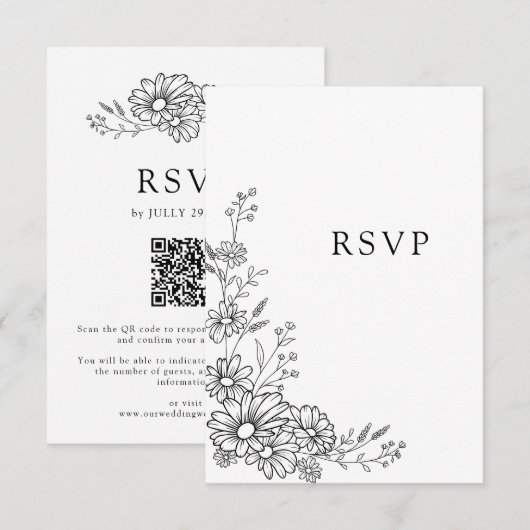 Zwart-wit botanische madeliefjes QR-code bruiloft RSVP Kaartje (Voorkant / Achterkant)