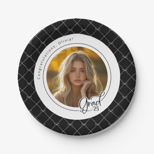 Zwart Wit Bow Foto Afstuderen Party Paper Bord (Voorkant)