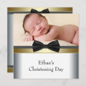 Zwart Wit Bow Stropdas Baby Boy Foto Doop Kaart (Voorkant / Achterkant)
