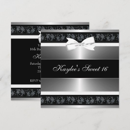 Zwart Wit Bow Zilver Sweet Sixteen Birthday Kaart (Voorkant / Achterkant)