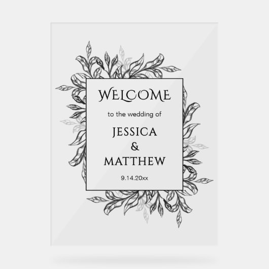 Zwart & Wit Branch & Bladeren Acryl Trouwteken Acryl Bord (Voorkant)