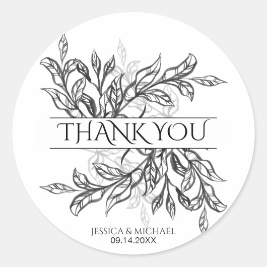 Zwart & Wit Branch & Bladeren Huwelijk Ronde Sticker (Voorkant)