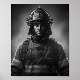Zwart-Wit Brandweerman Held Tribute Poster
