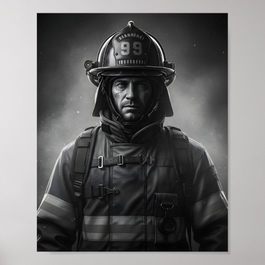 Zwart-Wit Brandweerman Held Tribute Poster (Voorkant)