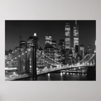 Zwart Wit Brooklyn Bridge New York Nacht Poster
