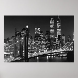 Zwart Wit Brooklyn Bridge New York Nacht Poster