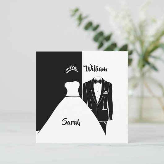 Zwart-wit bruid en bruidegom bruiloft uitnodiging (Staand voorkant)