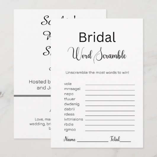 Zwart-wit Bruids Word Scramble Game Kaart (Voorkant / Achterkant)