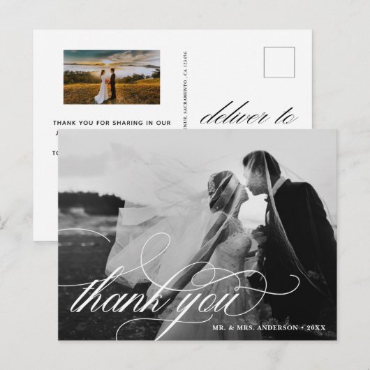 Zwart-wit bruiloft 2 foto Dank u Briefkaart (Voorkant / Achterkant)