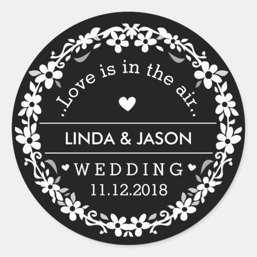 Zwart & Wit Bruiloft Aangepaste Namen Liefde Datum Ronde Sticker (Voorkant)