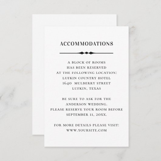 Zwart wit bruiloft accommodaties. Eenvoudige detai Informatiekaartje (Voorkant / Achterkant)