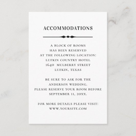 Zwart wit bruiloft accommodaties. Eenvoudige detai Informatiekaartje (Voorkant)