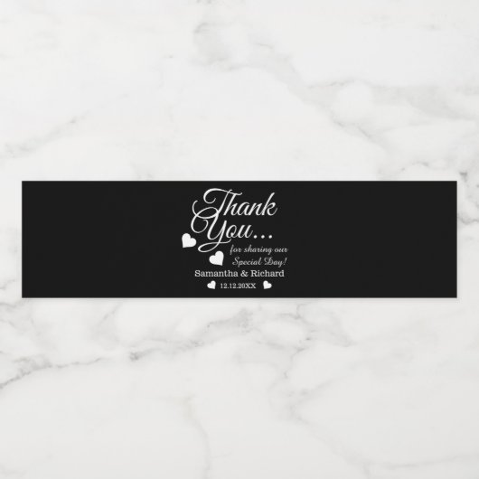 Zwart-wit bruiloft dank u gunst waterfles etiket (Enkel label)
