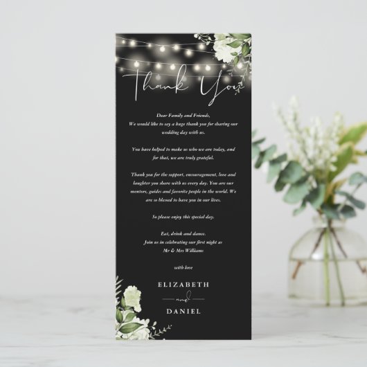 Zwart-wit bruiloft dank u plaats kaart (Staand voorkant)