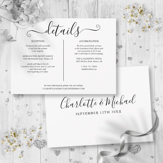 Zwart-wit bruiloft details informatie informatiekaartje