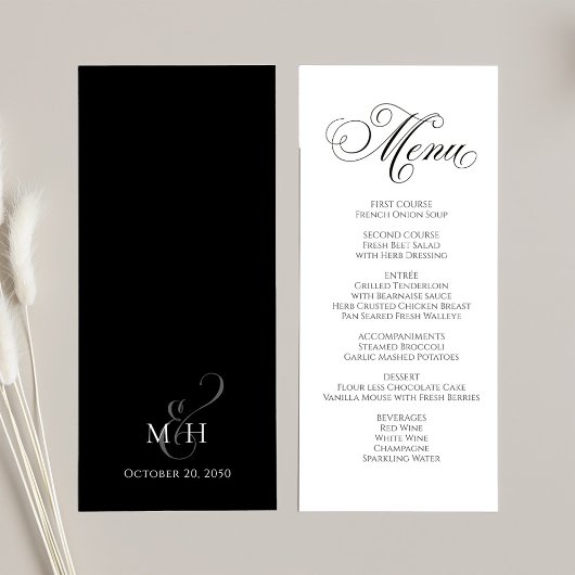 Zwart-wit Bruiloft Kalligrafie Diner Menu