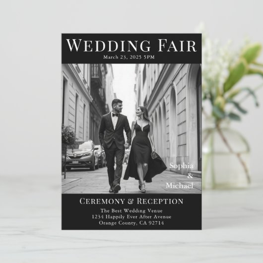 Zwart-wit bruiloft magazine cover kaart (Staand voorkant)