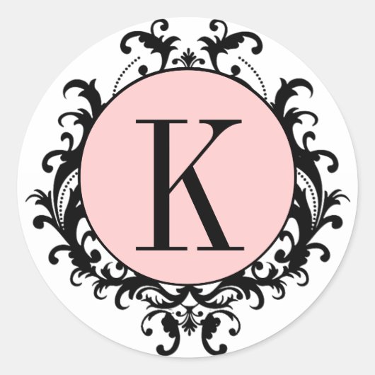 Zwart Wit Bruiloft Monogram K Damask Roze Label (Voorkant)